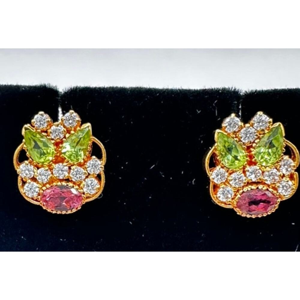 21K Earrings with white, Green, Pink Synthetic stones Screw Backs